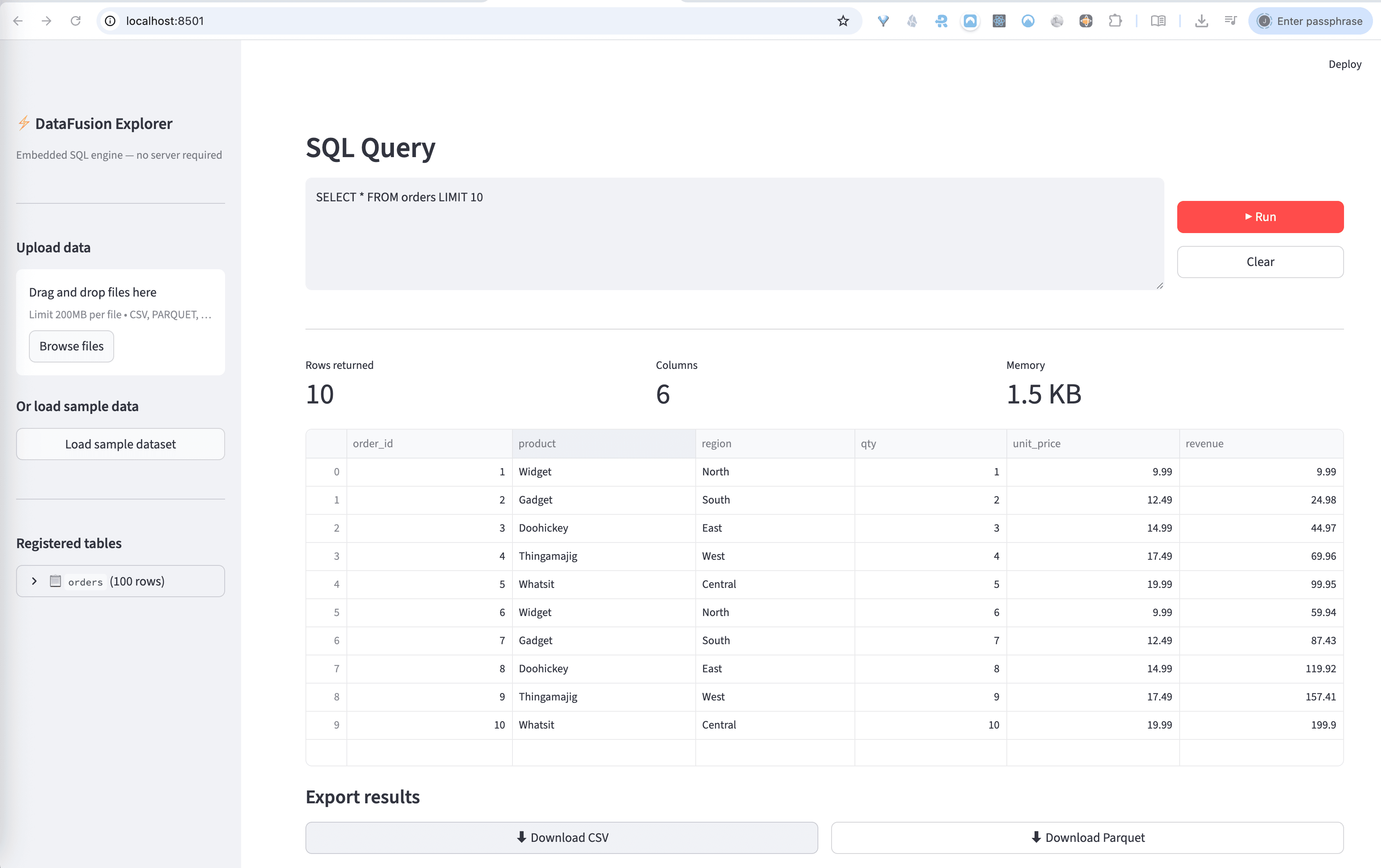 Streamlit DataFusion Explorer showing registered tables, SQL query input, and a results grid.
